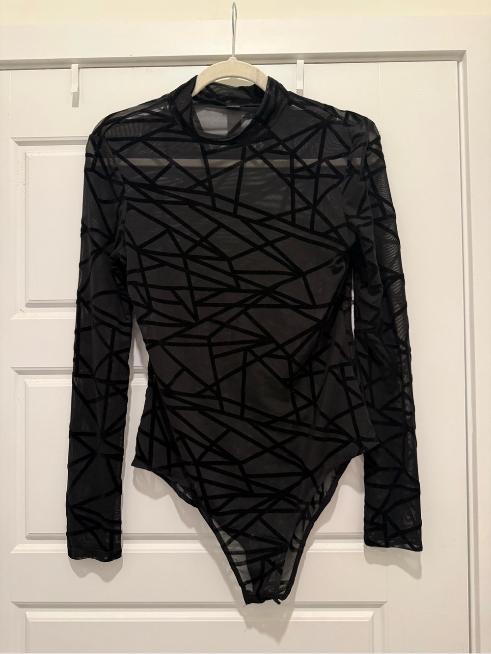 SHEIN Black Geometric Flocked Mesh Bodysuit
